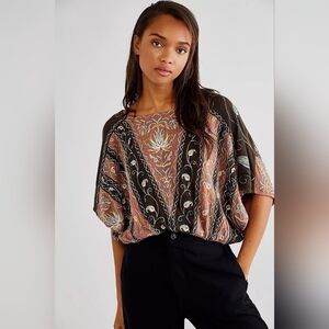 Free People RARE Brown Embroidered Open Back Slouchy Cropped Valley Tee Bohemian